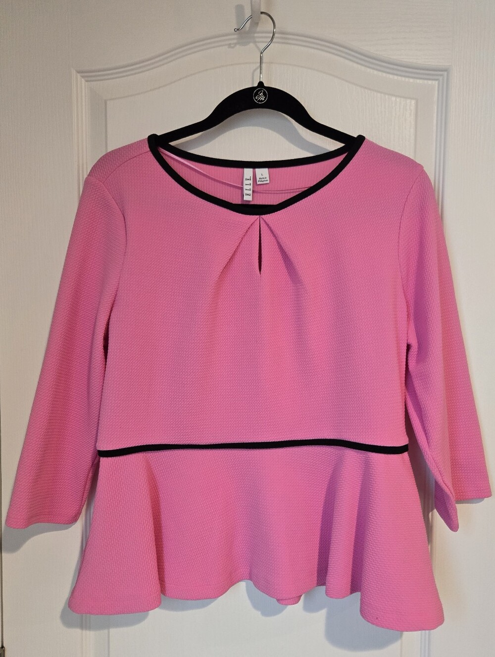 Elle Pink Peplum Top with Black Trim